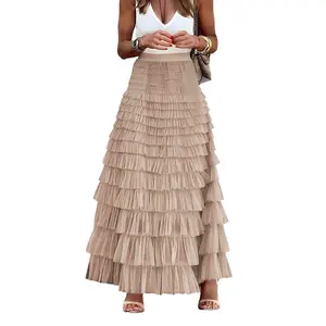 Mincib Womens Long Tulle Skirt A Line Ruffle Tiered Layered Skirts High Waisted Flowy Fairy Maxi Skirts