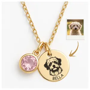 Personalized Pet Portrait Necklace Custom Engraved Dog Cat Necklace Round Disc Photo Pendant Memorial Jewelry Unique Gift for Pet Mom Dad Animal Lover Keepsake 1 Disc with Optional Birthstone