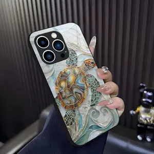 Mosaic Sea Turtle Adorable Glass Phone Case for [iPhone 12 Pro]  Aesthetic Ocean Wave Shell Texture Hard Cover Girly & Chic Style 952