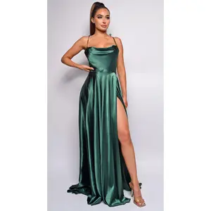 Penelope Green Emerald Drape Neck Slit Satin Gown