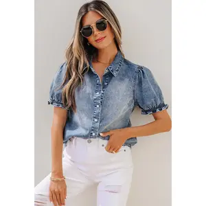 Women's Beau Blue Puffy Frilled Short-Sleeve Basic Cute Snap-Button Denim Blouse