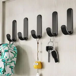 5pcs Plastic Adhesive Hooks,Damage Free Hooks Holder,Key Holder,Cute Key Hooks,Black Decorative Wall Hooks for Hanging Hat Cup Glass Headset Towel(J-Shaped)