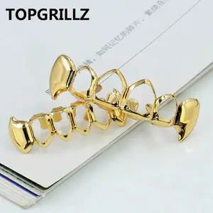 TOPGRILLZ  Gold Color Plated Hip Hop Teeth Grill Top & Bottom Grill Hip Hop Bling Hollow Vampire Teeth for Halloween Oral