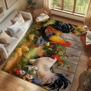 Rooster Pattern Non-slip Floor Mat, 1 Count Colorful Vintage Exquisite Washable Floor Carpet, Decorative Area Rug for Home Living Room Bedroom Kitchen