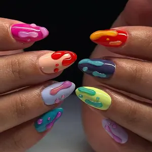 30 Pcs Spring Summer Almond Shape Rainbow Gradient Water Drop Nail Art, Reusable Press-On Nails for Women, Perfect for Parties and Daily Use