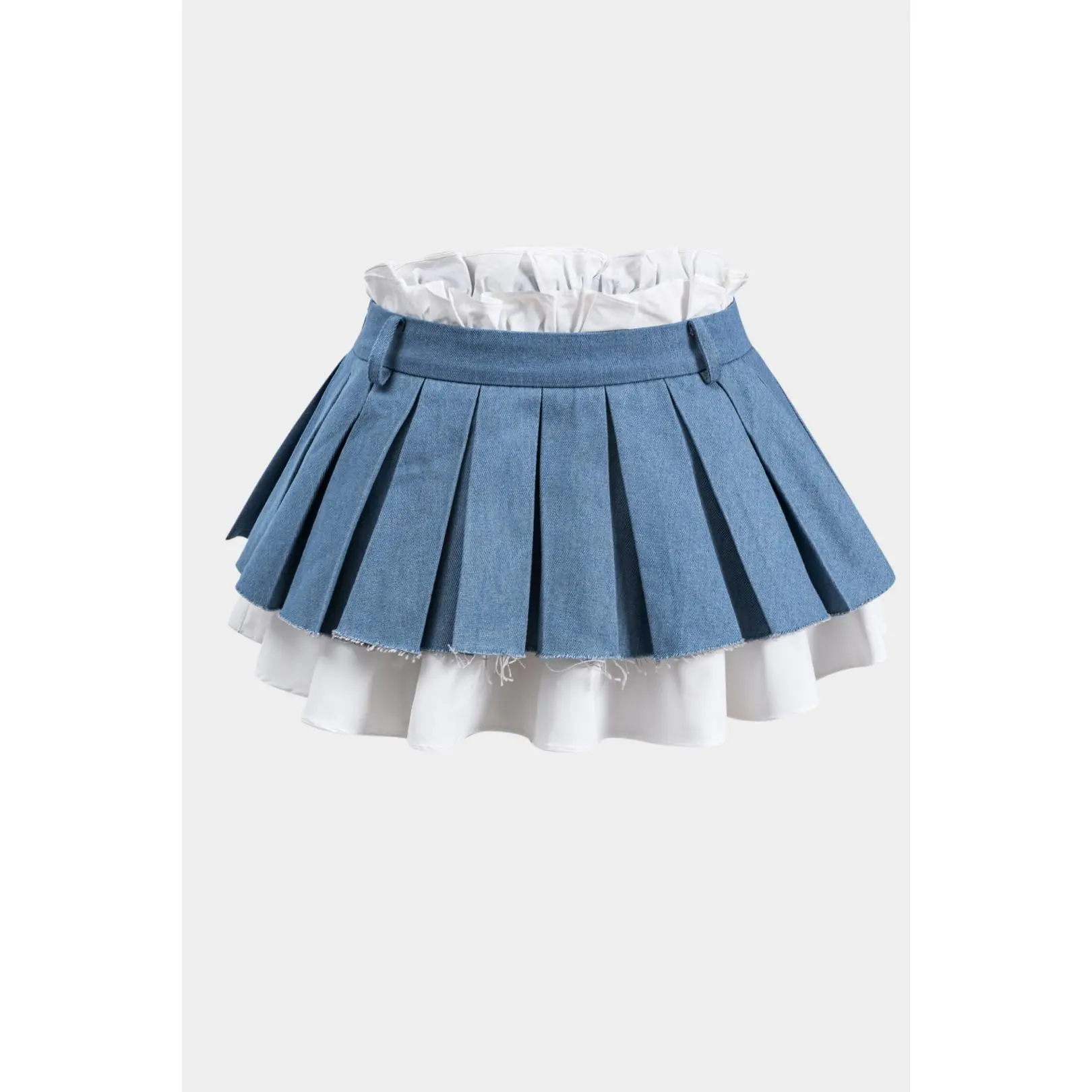 Women's Contrast Denim Pleated Patchwork Skirt, Polyester Fabric, Flattering Fit Women's Bottom