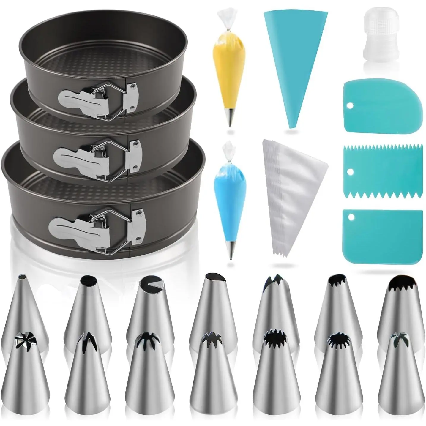 122-Piece Non-Stick Bakeware Set, 7/8/9-Inch Round Springform Cake Pans, Cheesecake Pans, Includes 100 Piping Bags, 16 Piping Tips, 3 Scrapers