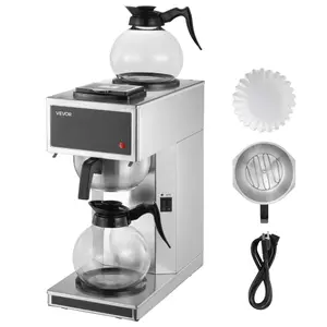 【Summervibes】VEVOR Commercial Drip Coffee Maker, 12 Cups Coffee-Maker Machine with 2 Glass Carafes and 2 Decanter Warmer Plates, Stainless Steel Drip Style Coffee Brewer, for Restaurant, Office, Coffee Shop & Home