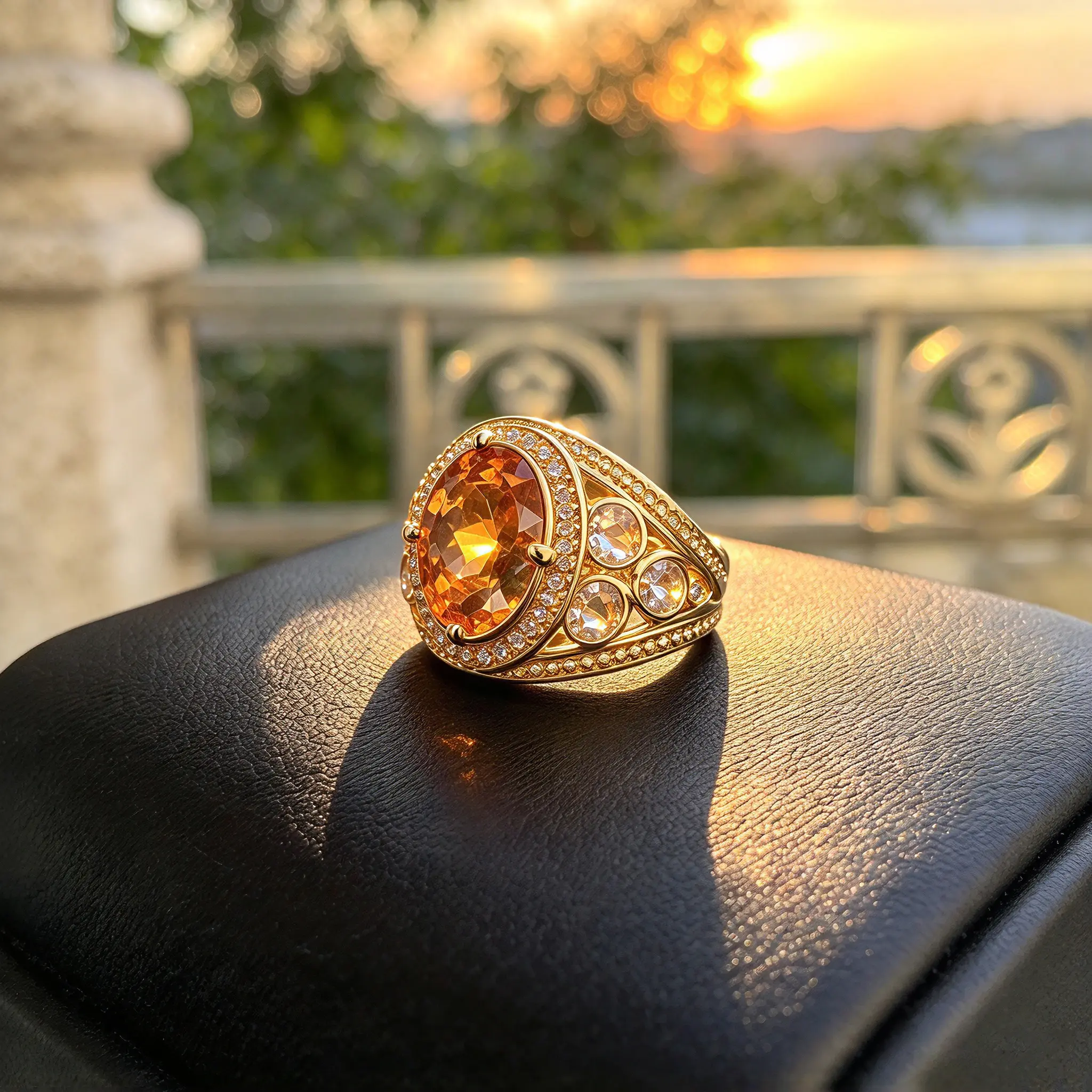 Luxury ring.Combining retro luxury and a courtly feel.The oval orange-toned main stone is paired with fully inlaid synthetic zirconia, and the claw setting technique is both secure and exquisite.High-shine finish ring.Statement ring.