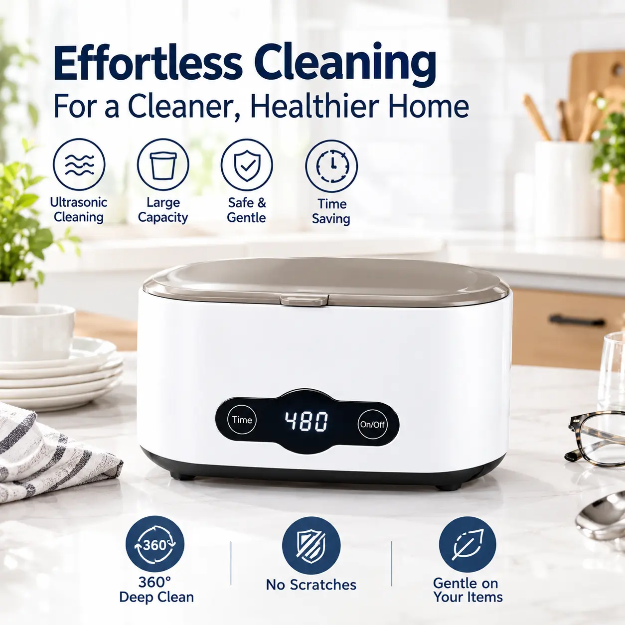 Household Ultrasonic Cleaner Machine - Large Capacity Digital Timer Ultrasonic Cleaner with 1-Touch Operation for Glasses, Jewelry, Utensils