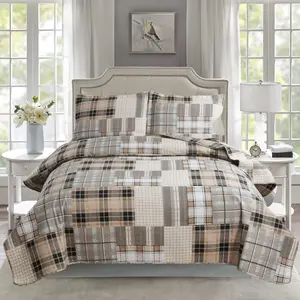 Twin Bedspread Bedding Sets 3-Piece Brown Bedspreads Sets Reversible Lightweight Stripe Grid Coverlet Patchwork Soft for Bed (68" x 86")