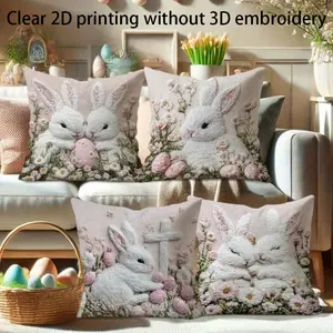 Easter Bunny Egg Flower Pillow Cover Set, 4pcs 45x45cm, Soft Plush Material, Hidden Zipper, Indoor Outdoor Decor, No Filler Included， Clear 2d printing is not 3d