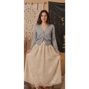 Oatmeal Embroidered Mesh Overlay Flowy Long Skirt