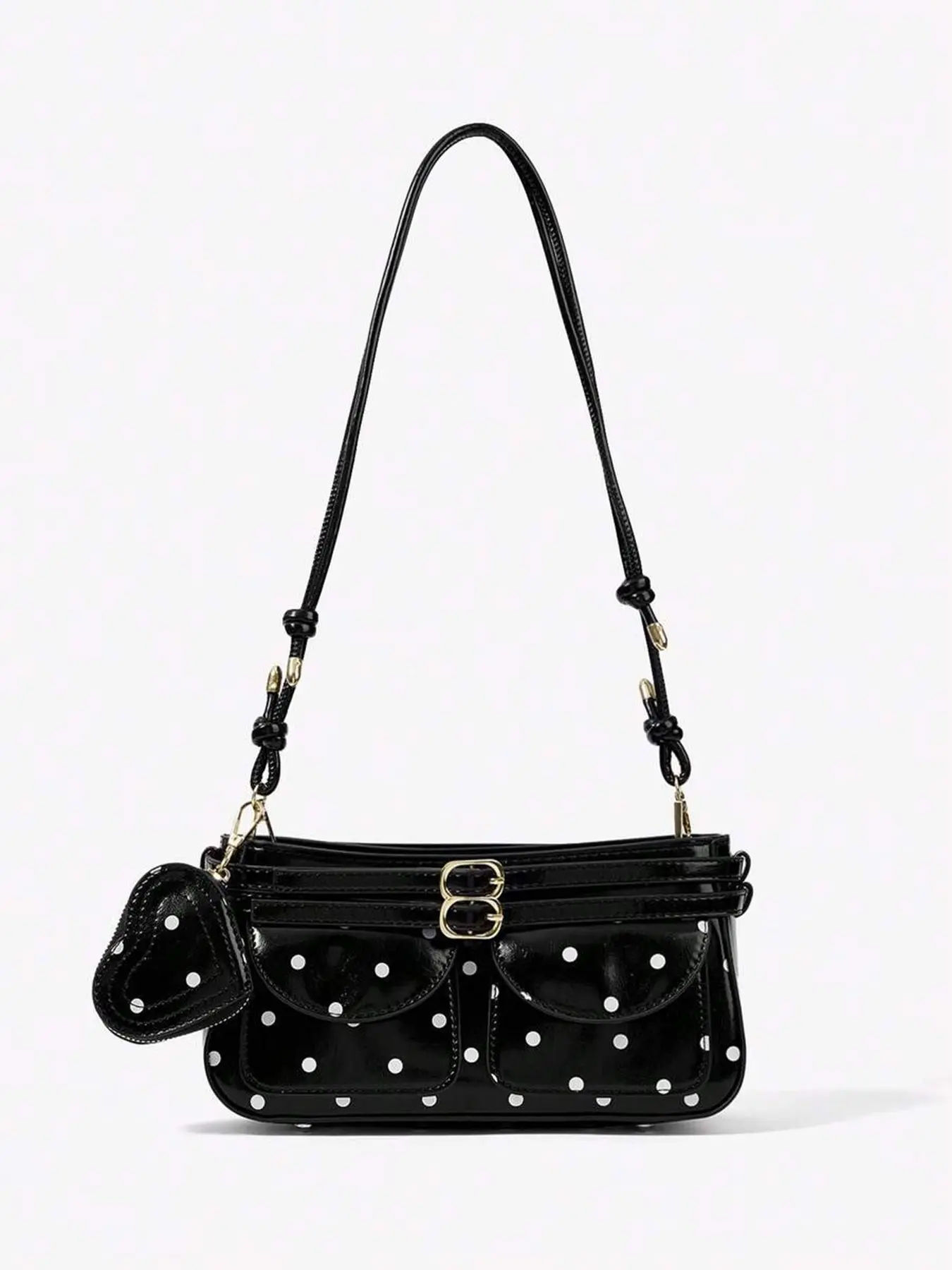 Simple classic retro polka dot shoulder bag, embellished with heart-shaped ornaments, double pocket design, adjustable shoulder strap, large storage capacity, suitable for daily travel, Crossbody Shoulder Purse