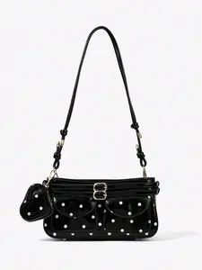 Simple and classic retro polka dot shoulder bag, embellished with heart-shaped ornaments, double pocket design, adjustable shoulder strap, large storage capacity, cool style, suitable for daily travel and dating