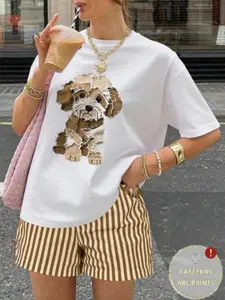 Summer New Women's Round Neck T-Shirt Set, Cute Dog Pattern, Loose-Fitting Short Sleeve Top & Striped Shorts, Casual All over Print, Womenswear