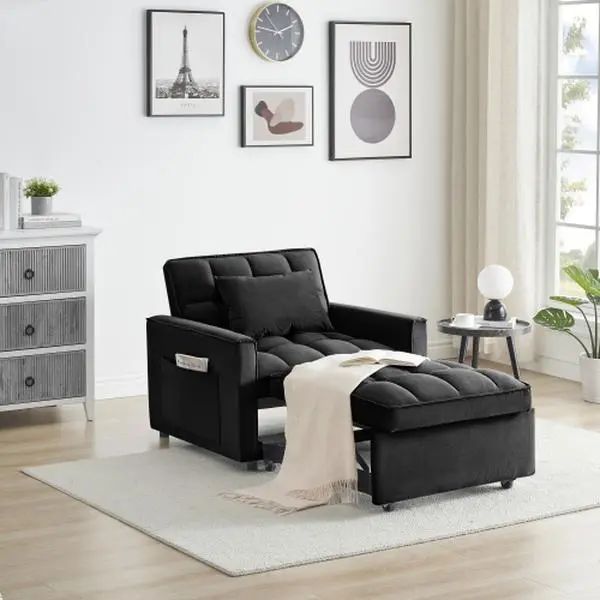 Velvet Sleeper Chair with Pull Out Ottoman, 3 in 1 Convertible Sofa Bed Single Recliner Lounge Chair, Tufted Accent Chair with Side Pocket & Wheels for Living Room Apartment Guest Room
