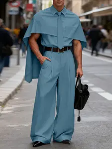 INCERUN Men's Shawl Collar Cape Shirt Wide Leg Pants Fashion Set, Loose-Fitting High Waist, Sleeveless Plain Design, All Seasons Casual Wear, Loose Pant Sets