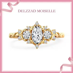 Delzzad 14K Gold-Plated 0.7ct Vintage Cluster Oval Cut Engagement Ring Band VVS Synthetic Moissanite Ring Jewelry S925 Perfect Birthday Engagement Wedding Anniversary Christmas Gift