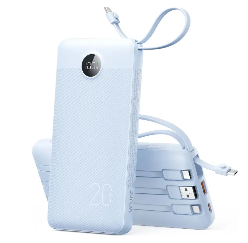 VRURC 20000mAh Power Bank with 4 Built-in Cables, 22.5W PD Fast Charging, LED Digital Display, Multi-Layer Safety Protection, Airline Carry-on Approved Slim Travel External Battery Pack Compatible with iPhone, iPad, Samsung Galaxy, Sky Blue