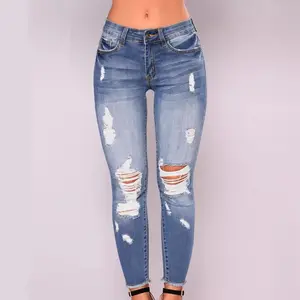 High-Quality Beautiful European and American Foreign Trade Cross-Border Source Stretch Slim Fit Ripped Skinny Jeans for Women