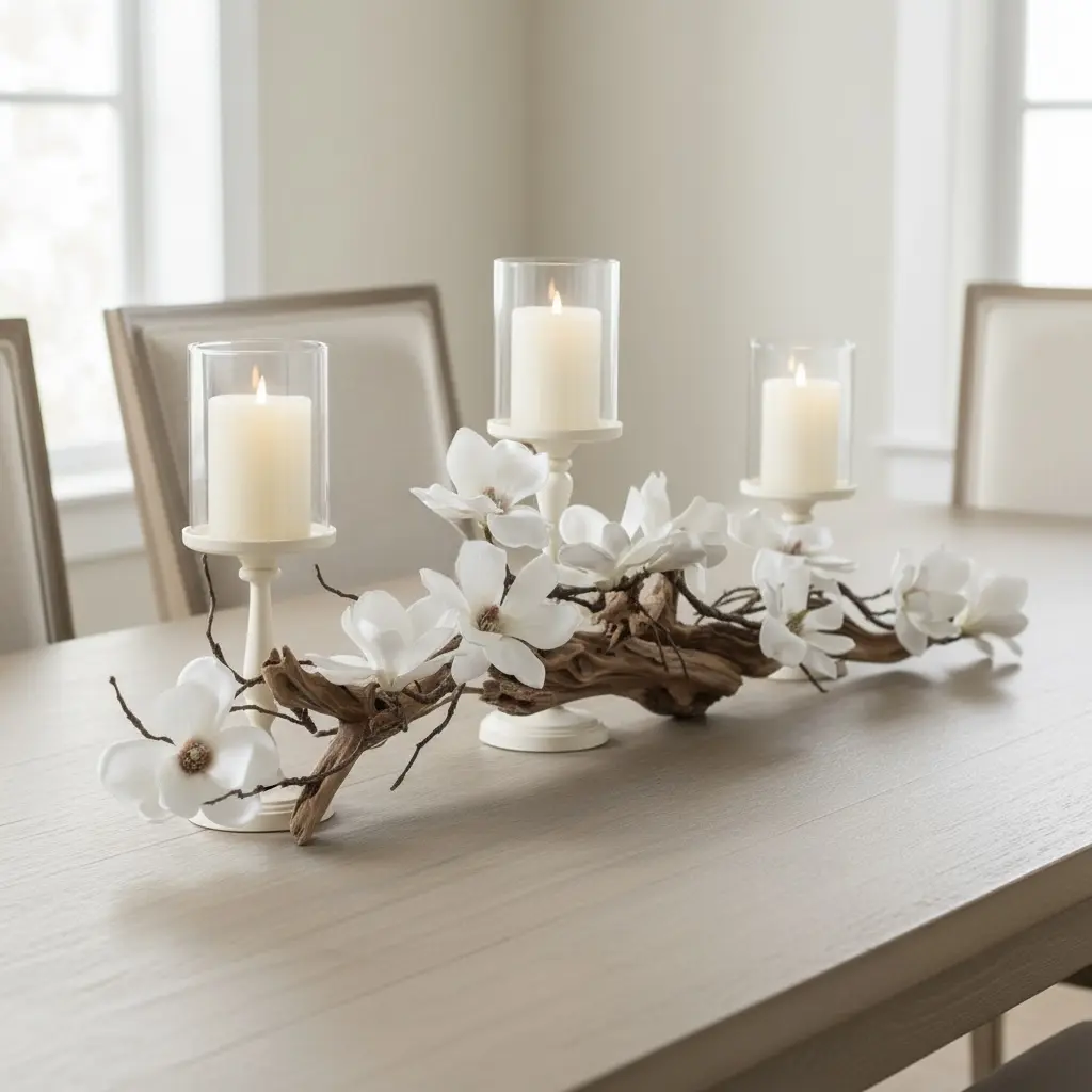 Table Decor Centerpiece with 3pcs IVORY Candleholder Set Magnolia & Vine Faux Driftwood Spring Home Decor - Floral Arrangement for dining, entry, or coffee table, Weddings, & Seasonal Mantel