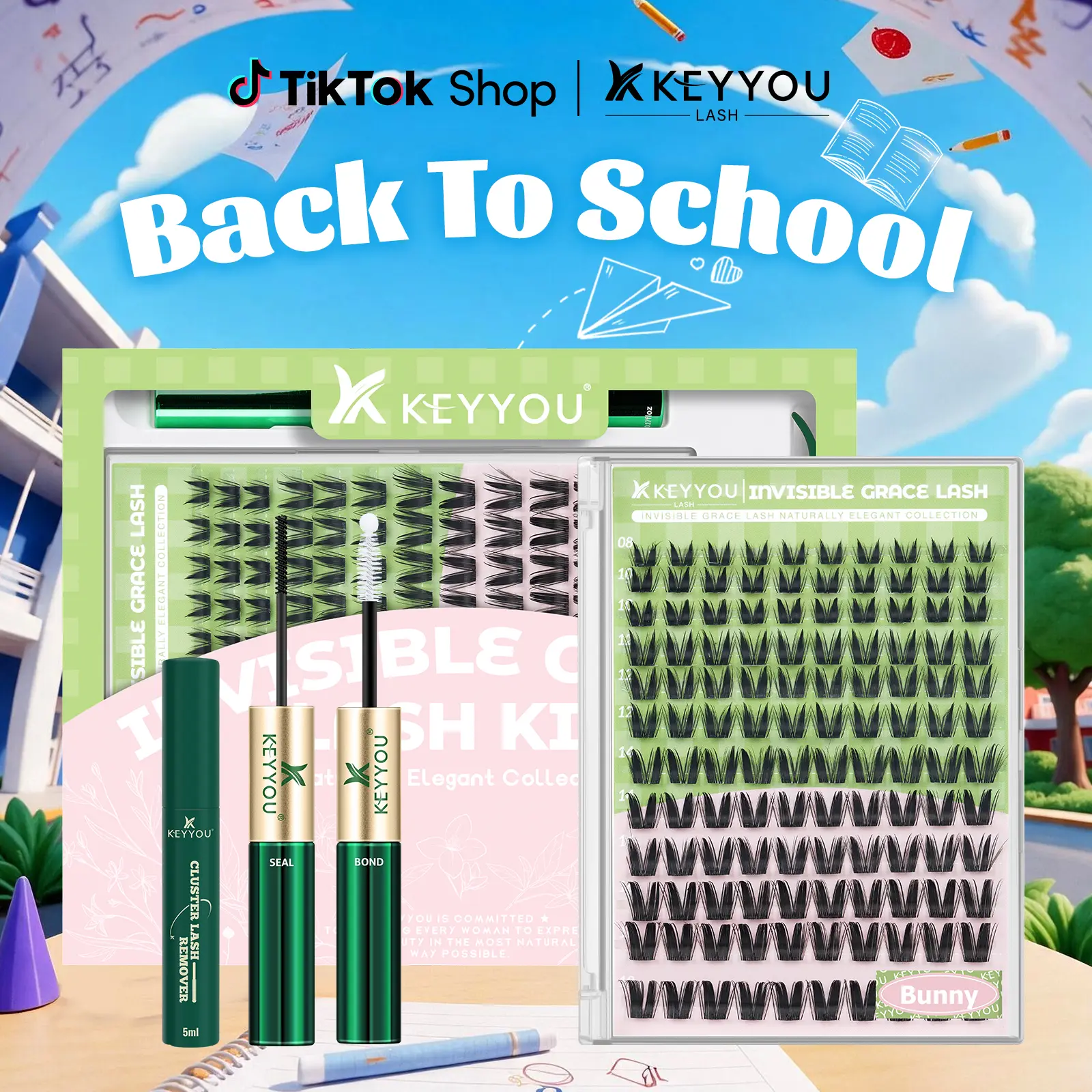 KEYYOU Bunny Lash Clusters Kit DIY Individual Lashes Extension at Home, Natural Wispy C Curl 8-18 Mix, Invisible Band Reusable Waterproof Eyelash Clusters for Beginners Office Party Daily Wear #BackToSchool