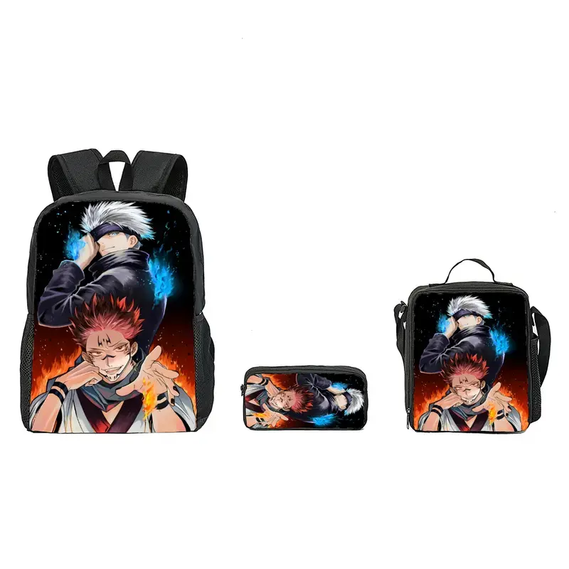 Gojo Satoru Anime Backpack Set, 3-Piece Polyester School Daypack for Teens, Lightweight Multi-Compartment Bag with Lunch Bag & Pencil Case, School Backpacks
