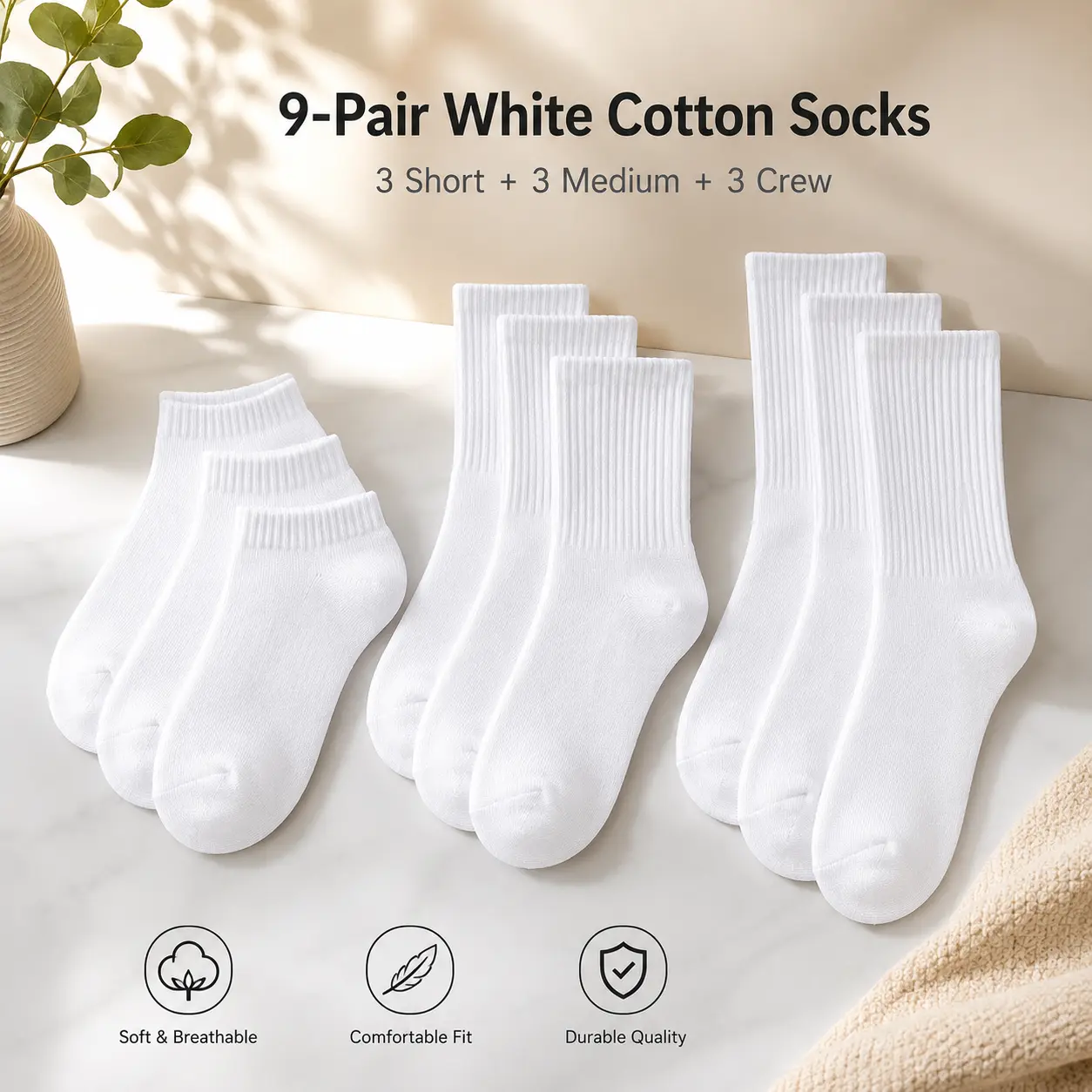 9 Pairs Unisex 100% Cotton White Socks Set – Low Cut, Mid-Calf & Crew Length, Soft Breathable Casual Athletic Everyday Socks maximum comfort
