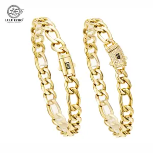 LuLuEcho Waterproof 8mm Figaro Chain Necklace Bracelet | 14K Gold Plated Iced Out Clasp | Non-Tarnish Unisex Jewelry 7.5"-30"