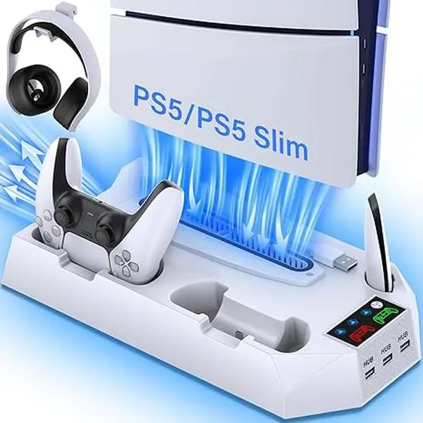 PS5 Stand and Cooling Station with RGB LED Controller Charging Station for PlayStation 5 Console, PS5 Controller Charger, PS5 Accessories with 3 Level Cooling Fan