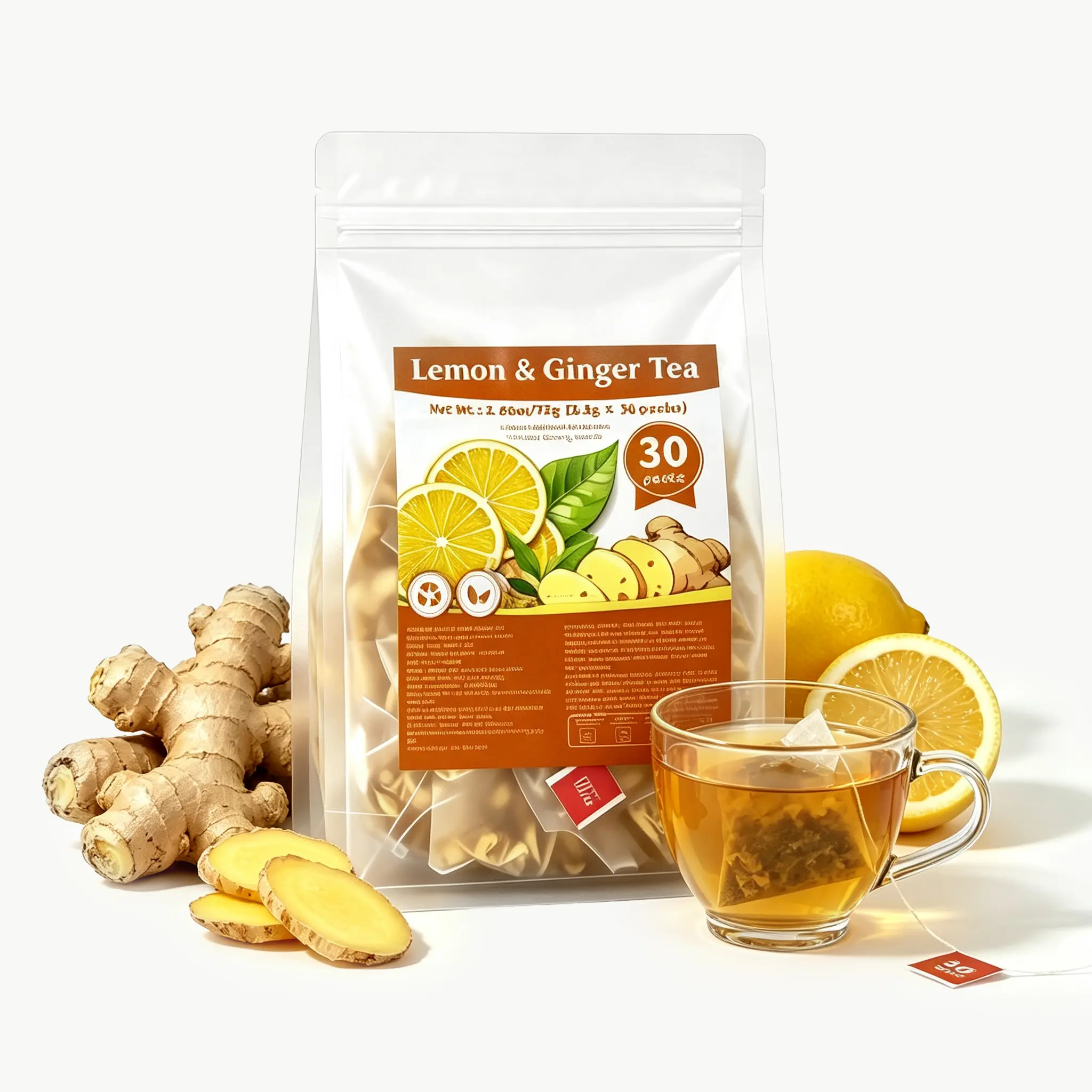 Ginger & Lemon Herbal Tea Bags - 100% Natural Dried Lemon & Fresh Ginger Brew, Caffeine-Free, Refreshing Warming Detox Tea for Daily Wellness