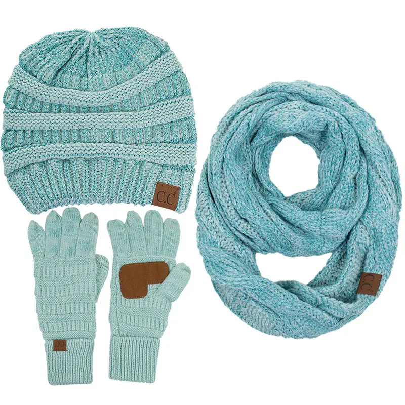 C.C 3-Piece Acrylic Classic Solid Color Warm Soft Stretch Cable Knit Winter Beanie-Glove-Scarf Set for Business, Beach, Casual Use, Breathable Fashion Accessory
