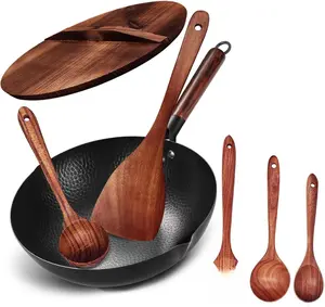 Wok Pan 12.5" Carbon Steel Wok Stir Fry Pan with Lid, Flat Bottom Chinese Wok Set with 6 Utensils Cookware Accessories for All Stoves Lightweight Frying Cooker Egg Metal