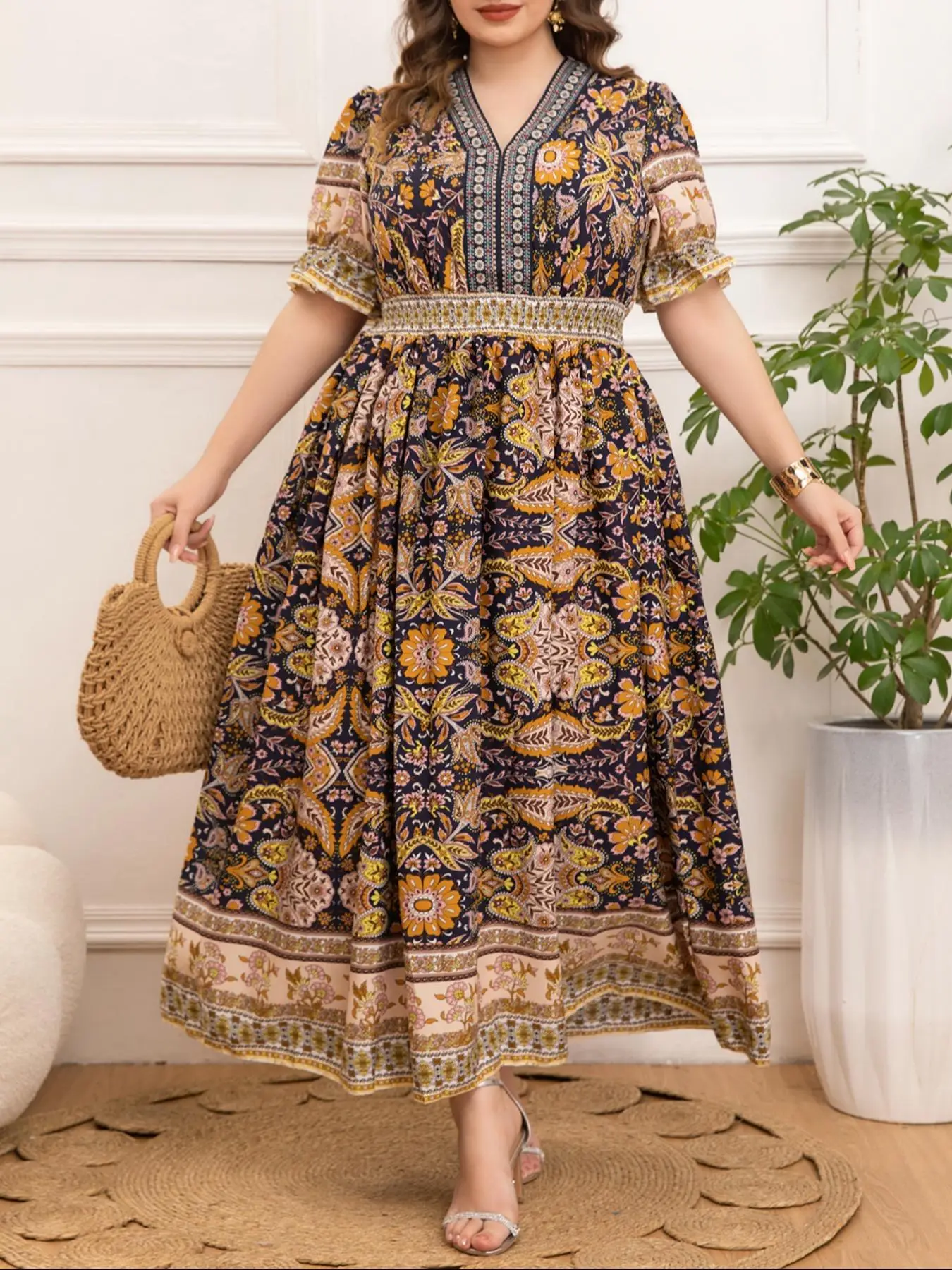 【Plus Size】 All Over Print Puff Sleeve V Neck A Line Dress, Boho Fashion Casual Half Sleeve High Waist Dress for Daily Holiday Vacation Wear, Women Cl