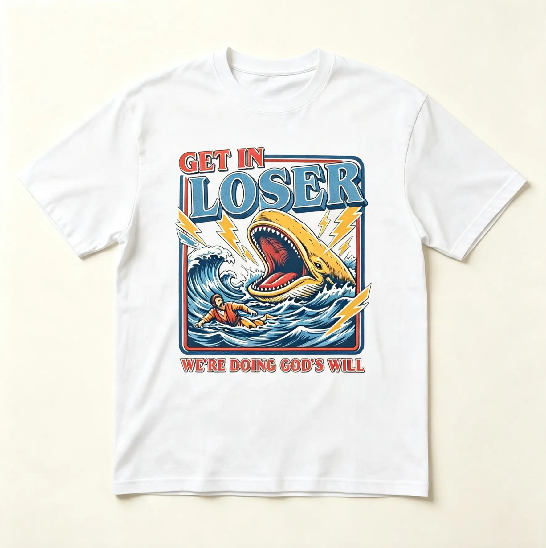 Unisex Cotton Round Neck Casual T-Shirt - Jesus Christian Street Style Garment, Jonah and the Whale Graphic, "Get In Loser We're Doing God's Will" Verse, Faith Humor Customized Religious Gift Top, Shortsleeve