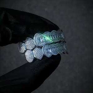 2pcs Set Men's Iced Out Synthetic Cubic Zirconiaia Teeth Grills - Full Top & Bottom Dental Set with Paved Bling CZ Grill for Hip Hop Parties, Events & Casual Attire - Body Jewelry