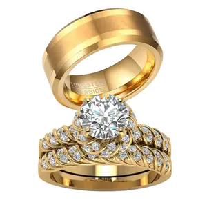 Ringcrown Ringcrown Couple Rings Matching Ring Round 1ct CZ Yellow Gold Plated Women Wedding Ring Sets For Him And Her Ring Men Tungsten Steel Wedding Band