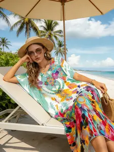 Long Watercolor Floral Sun Protection Cover-Up, Loose Fit Swimwear Outerwear, Vacation Beach Cardigan, All Seasons Boho Style