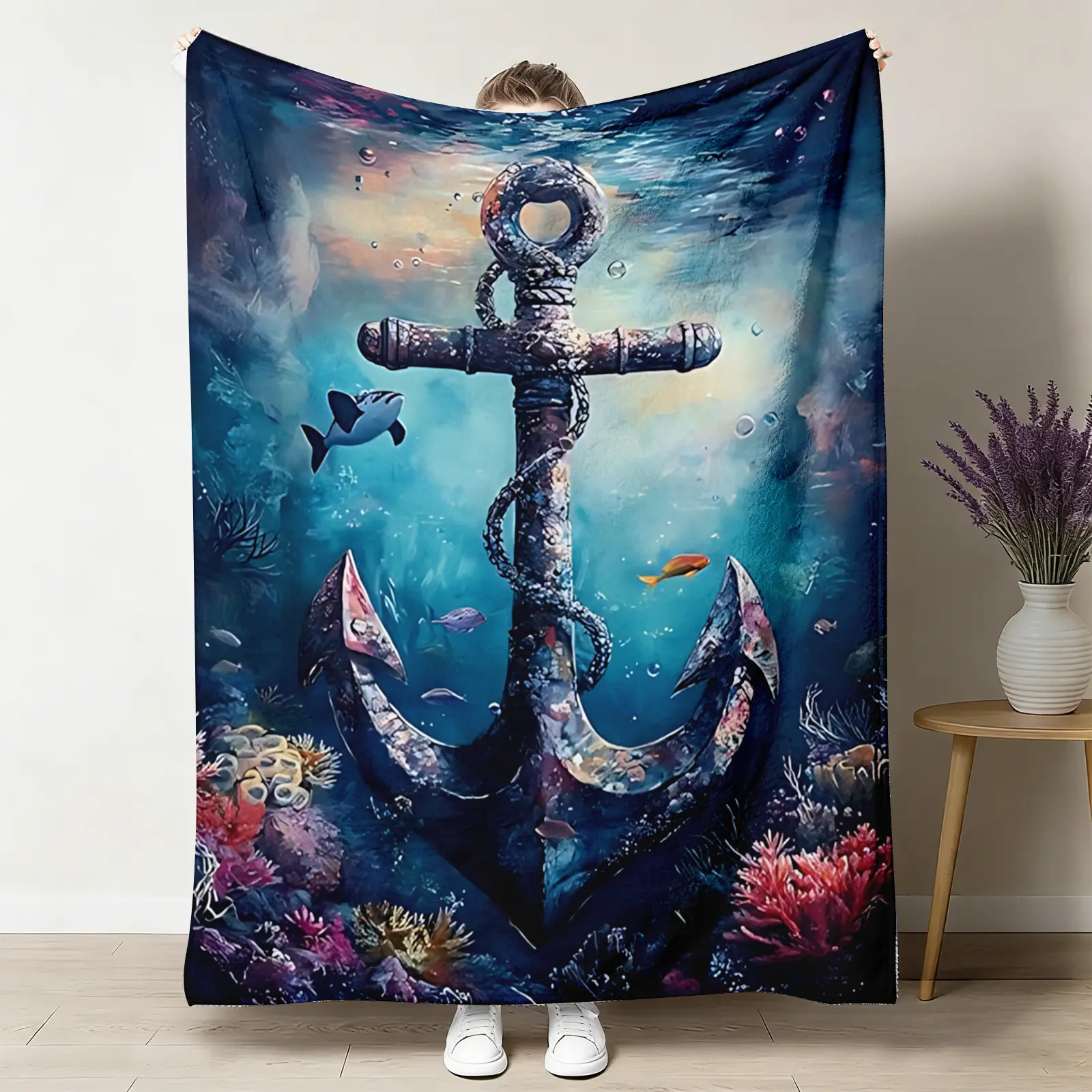 Anchor Flannel Throw Blanket, Vintage Nautical Ocean Coral Fish Watercolor Pattern Soft Warm Cozy Nap Blanket for Couch Bed Sofa, Coastal Gift for Sailor Him Her, Birthday Christmas Holiday Housewarming Gift