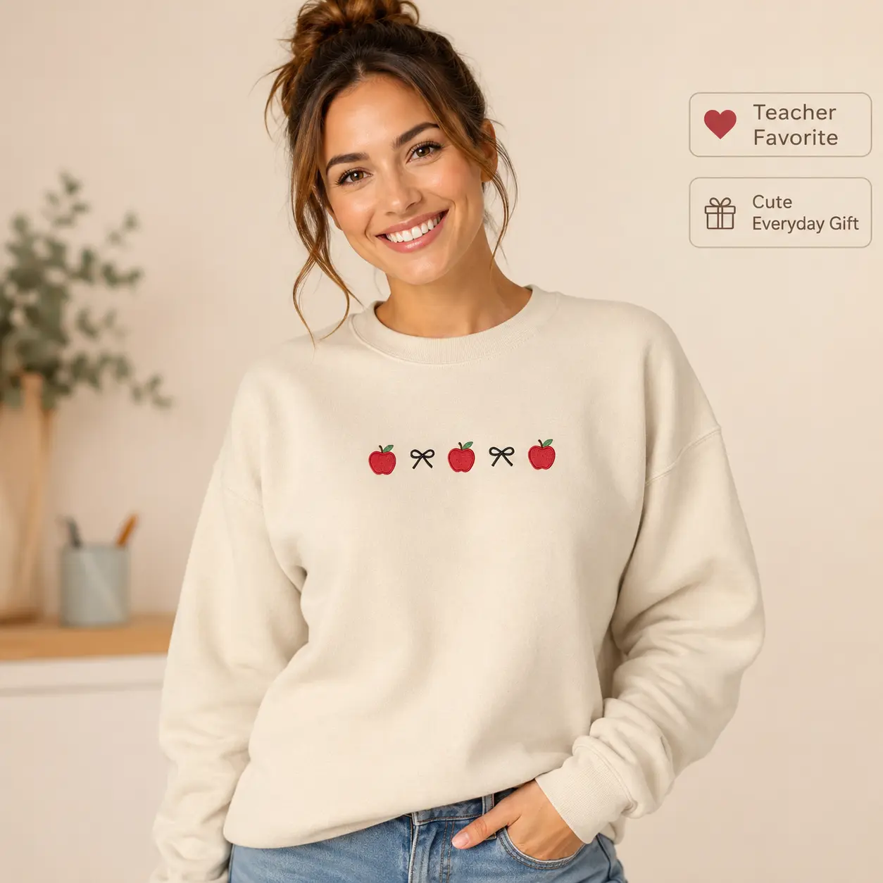 Embroidered Teacher Life Sweatshirt, Cute Apple & Bow Teacher Crewneck, First Grade Teacher Appreciation Gift for Her, Back to School Pullover