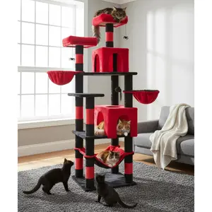 Gothic  Tree, 70 Inch Tall  Tower for Indoor Cats, Multi-Level  Tree with  , Hammock,  Basket, Large  Condos for Adult Cats Kittens, Black Red, PT18RD