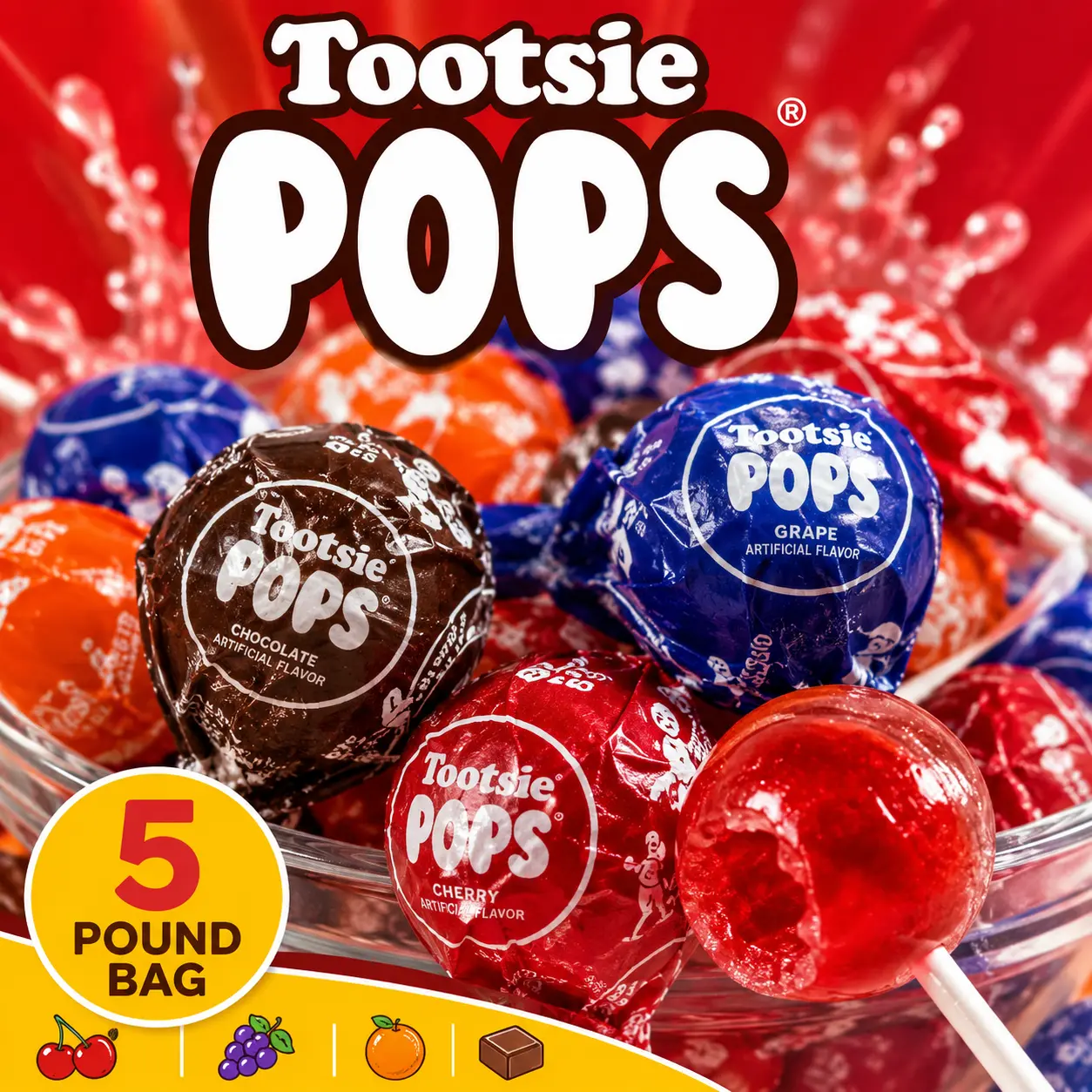 Tootsie Pops Assorted Lollipops 5 lb  Bulk Assorted Fruit Flavored Pops with Chewy Tootsie Roll Centers | Party & Candy Bowl Favorite