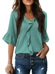 Women's Ruffle V-Neck Top, Casual Ruffle Blouse, Bell Sleeve, Soft Elegant Style, Back Pleated Design, Versatile Fashion for Multiple Occasions