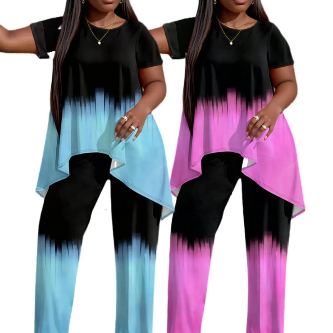 Women's Plus Size 2-Piece Loose Polyester Ombre Tie Dye Statement Outfit - Short Sleeves Top & Long Pants Set, Comfortable Daily Wear for Summer Casual Occasions