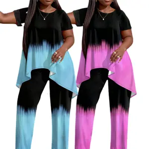 Women'S Plus Size Ombre Tie Dye Classy Two Piece Outfit, Loose Short Sleeve Top & Long Pants Set For Summer Casual Daily