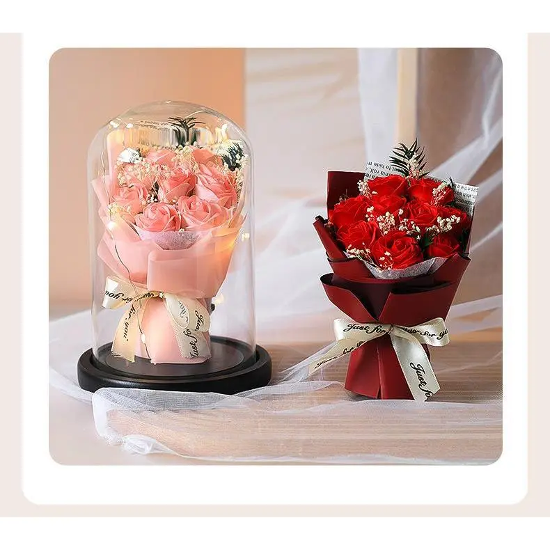 Holiday gifts. Preserved rose bouquet in glass cover - dried flower decoration gift. Mother's Day, Valentine's Day, Christmas gifts. Suitable for gifting and decorative purposes, decorative plant ornaments.