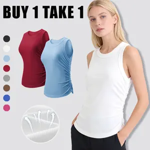 Buy 1 Get 1 Women’s Ribbed Tank Top – Sleeveless Ruched Side Slim Fit Stretchy Summer Activewear for Workout & Daily Wear