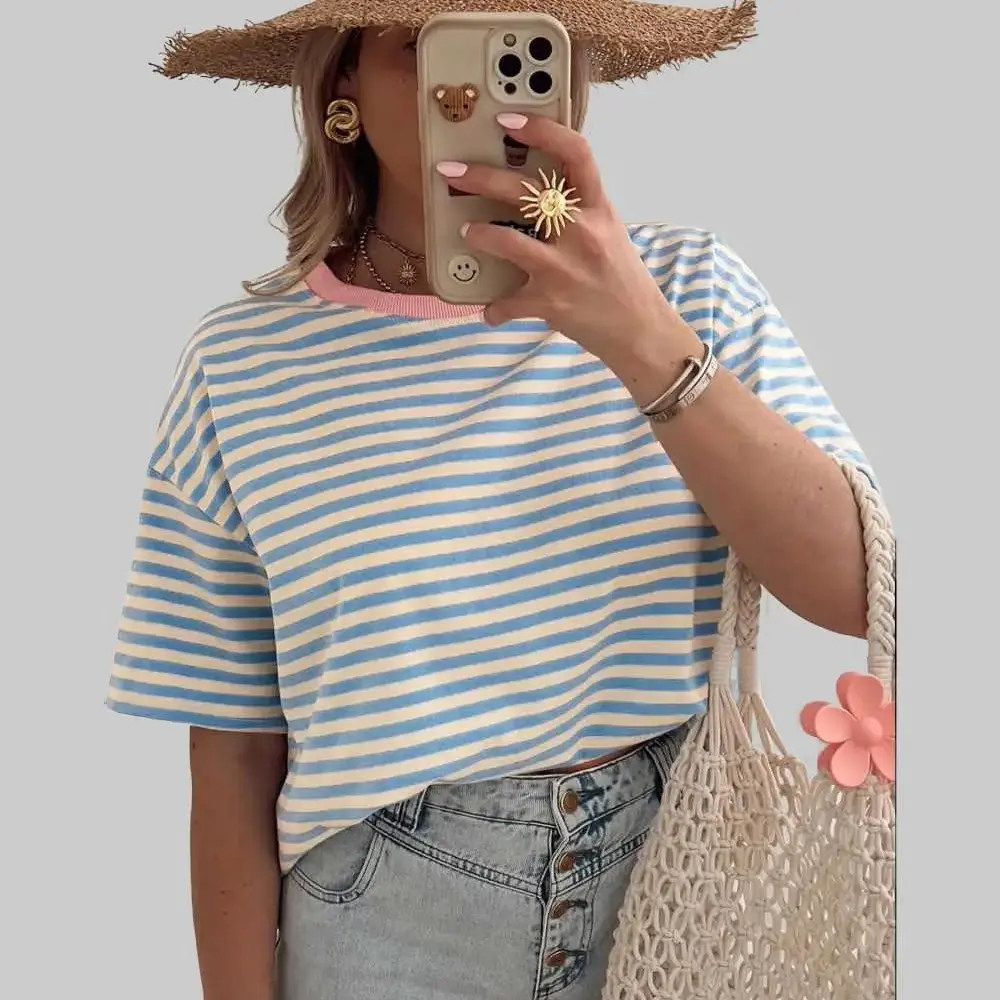 Plus Size Women's Striped Short Sleeve T-Shirt, Casual Loose Fit Cotton Top with Drop Shoulders and Contrast Crew Neck, Shortsleeve, Women's Clothes,back to school,back to school shopping, Tops
