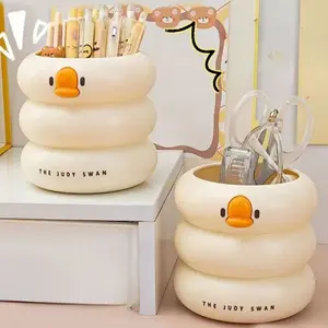 Cute Duck Design Pen Holder and Makeup Brush Organizer, Large Capacity Multi-Functional Storage Box, Durable Plastic for Desk, Office, Vanity